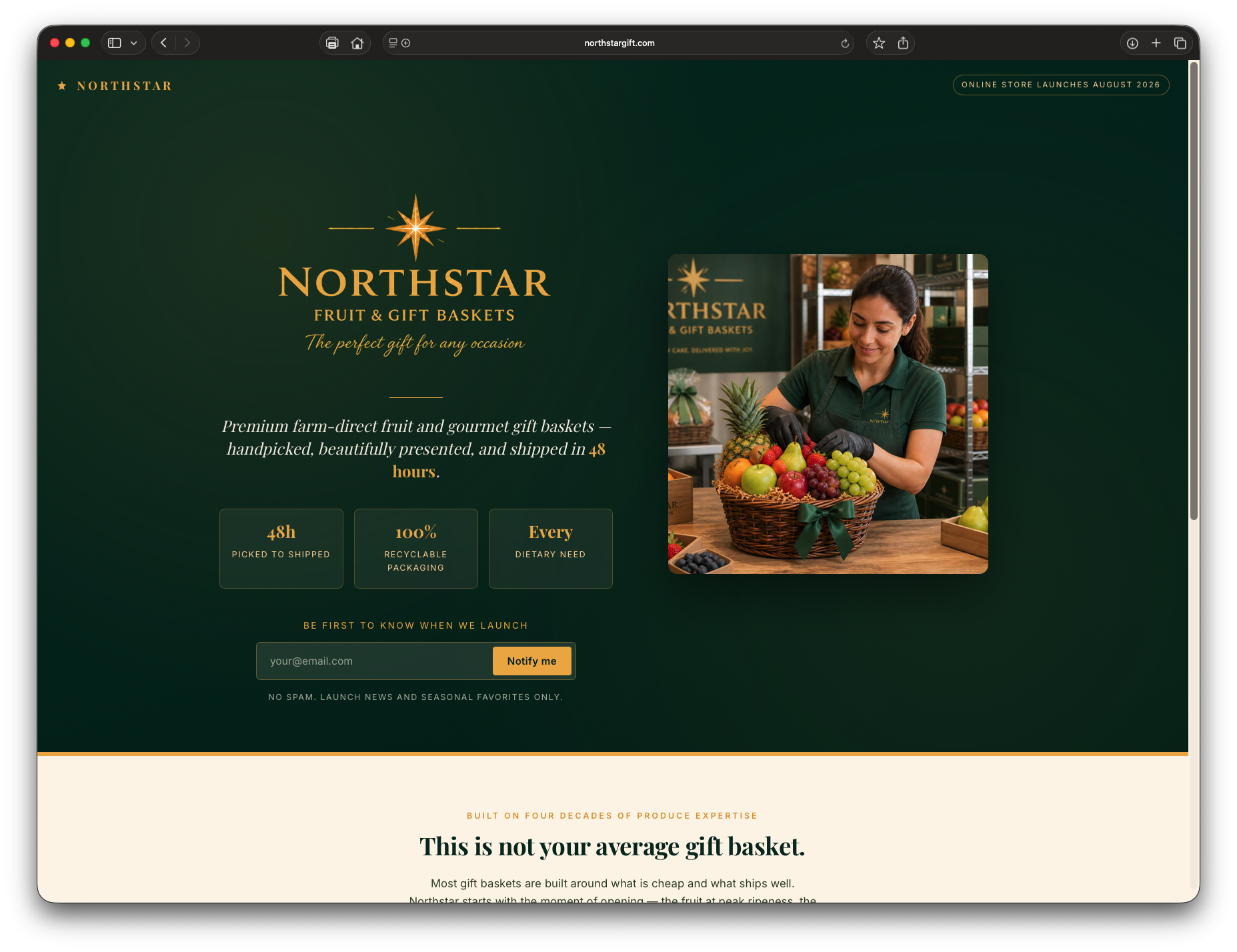 Northstar marketing site — homepage hero with the basket-build photo and evergreen brand